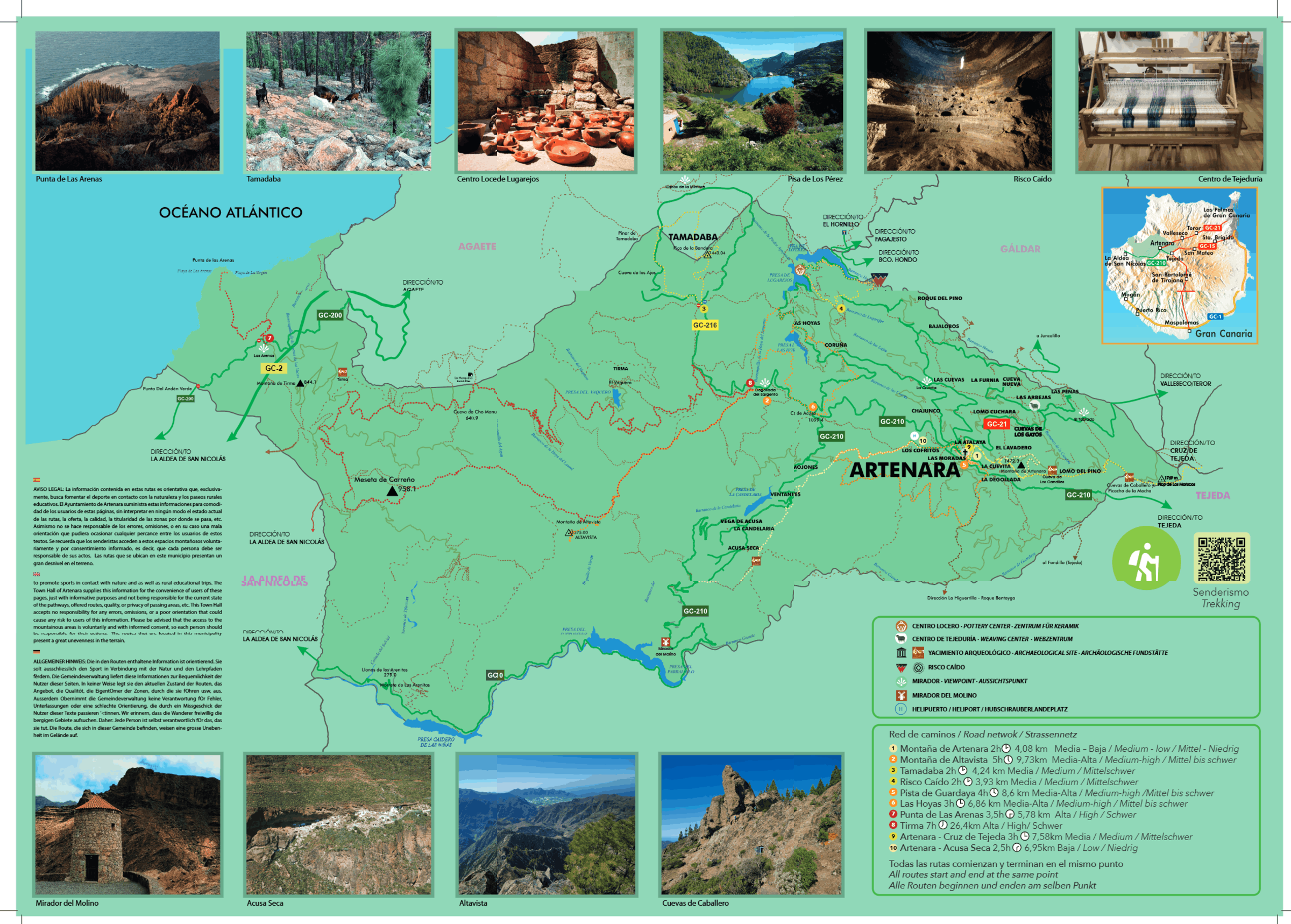 Plano turístico del municipio de Artenara: senderos, miradores, yacimientos arqueológicos y puntos de interés